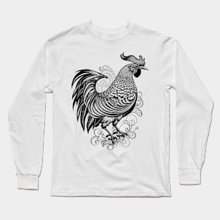 Black and White Rooster Tattoo Style Long Sleeve T-Shirt